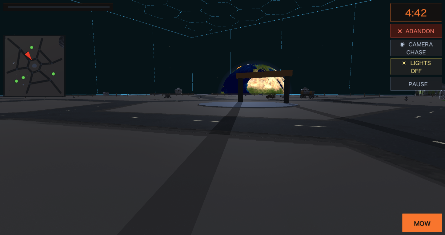Moon mission environment with CCBOT working near roads and a view of Earth