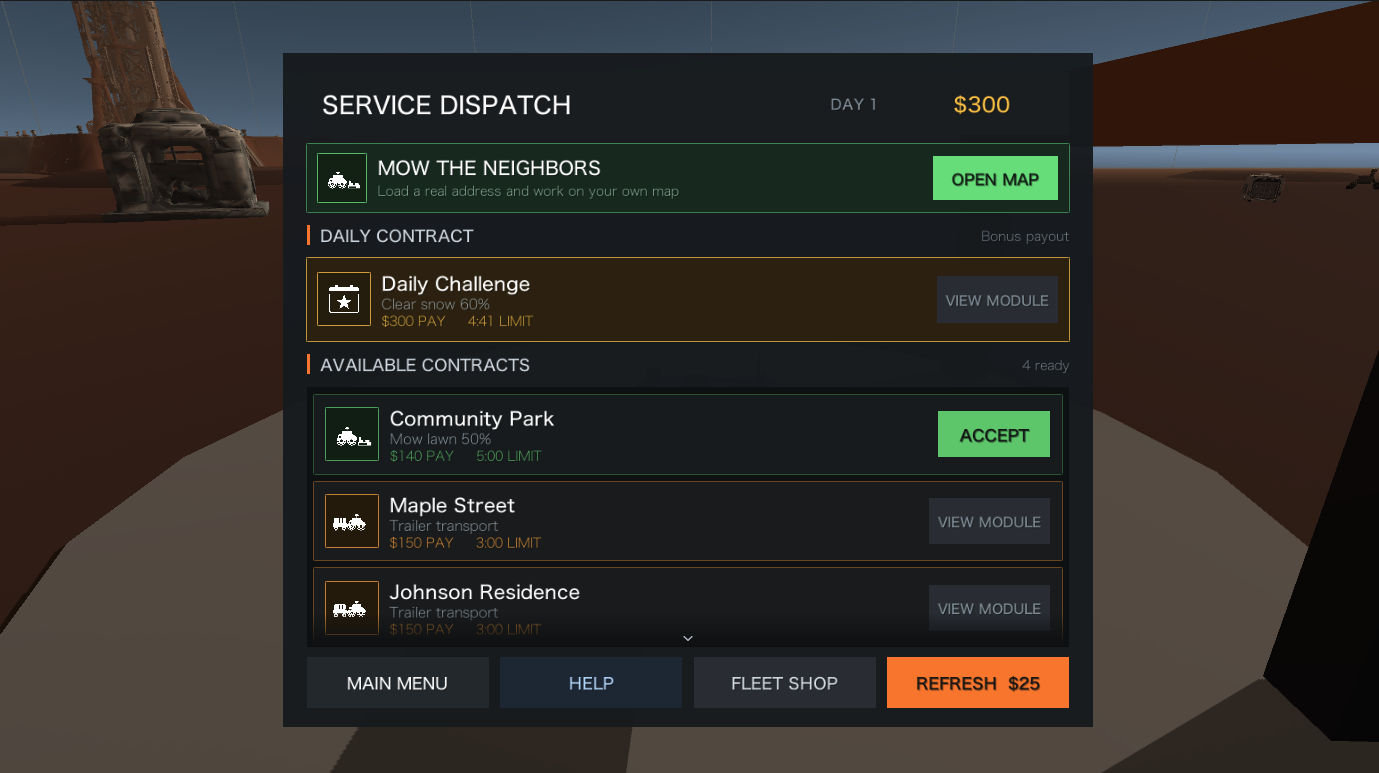 Contract Career service dispatch screen with daily and available contracts